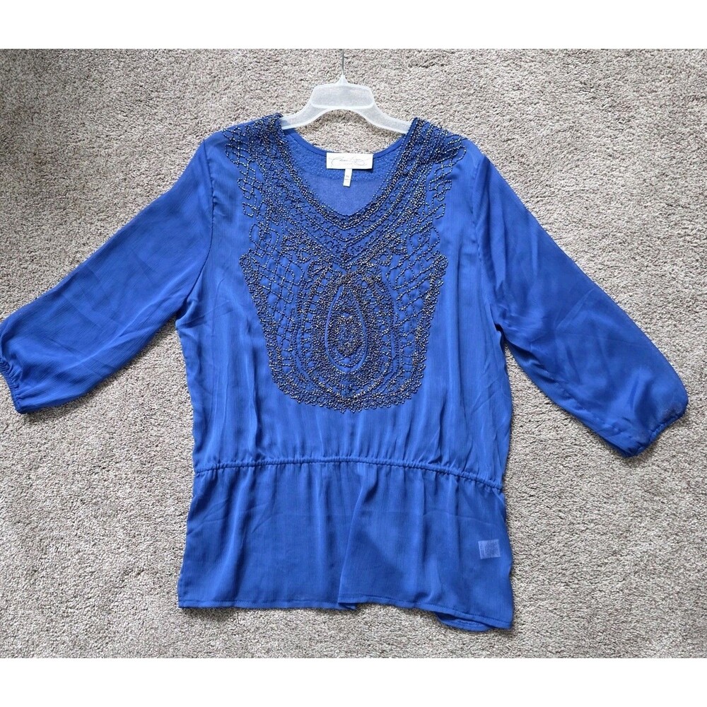 Colleen Lopez Collection XL Blue Beaded Tunic Blouse Sheer V Neck 3/4 Sleeve Top